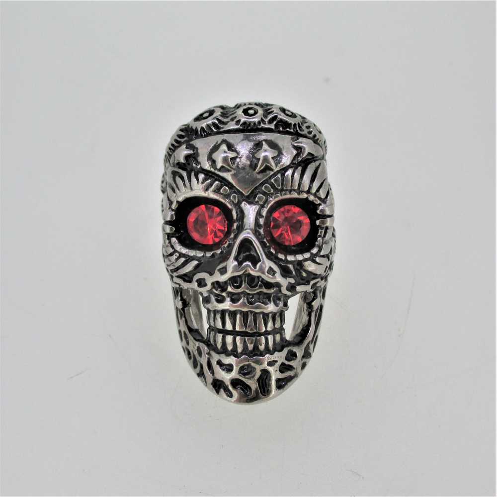 Silver Tone Large Skull Red Stone Eyes Biker Mens… - image 1