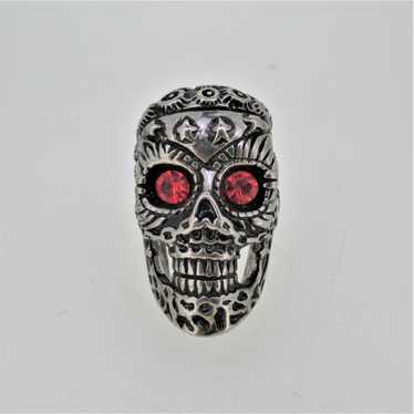 Silver Tone Large Skull Red Stone Eyes Biker Mens… - image 1