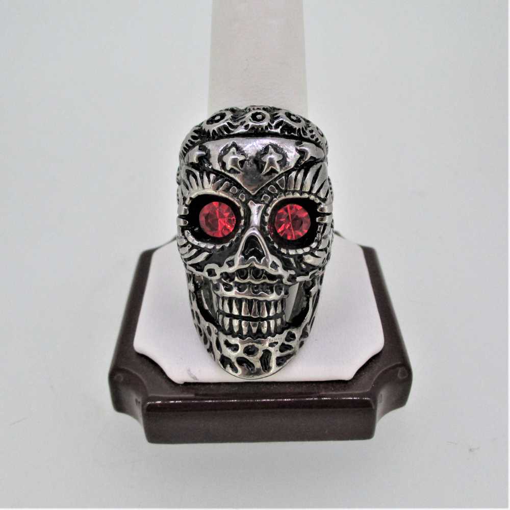 Silver Tone Large Skull Red Stone Eyes Biker Mens… - image 2