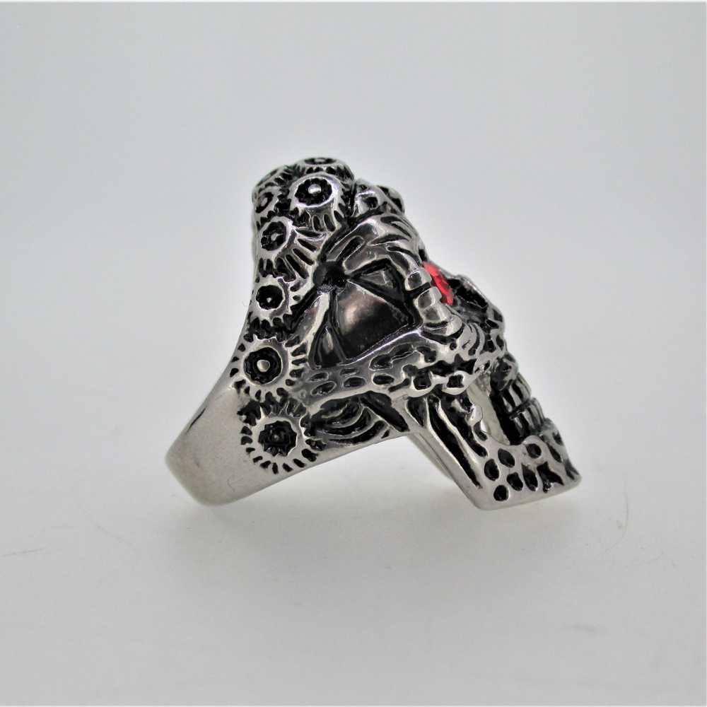 Silver Tone Large Skull Red Stone Eyes Biker Mens… - image 3