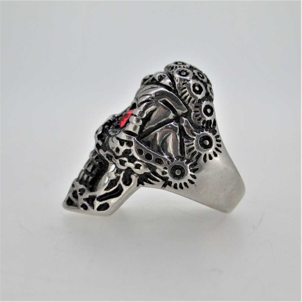 Silver Tone Large Skull Red Stone Eyes Biker Mens… - image 5