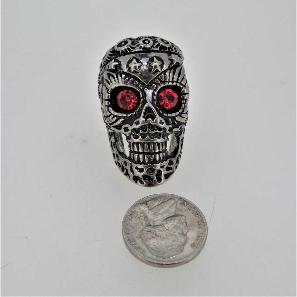 Silver Tone Large Skull Red Stone Eyes Biker Mens… - image 6