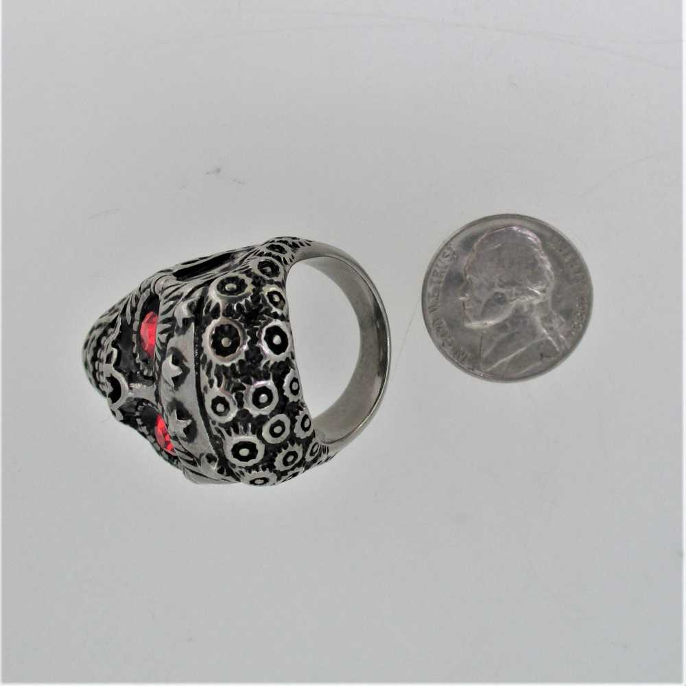 Silver Tone Large Skull Red Stone Eyes Biker Mens… - image 7