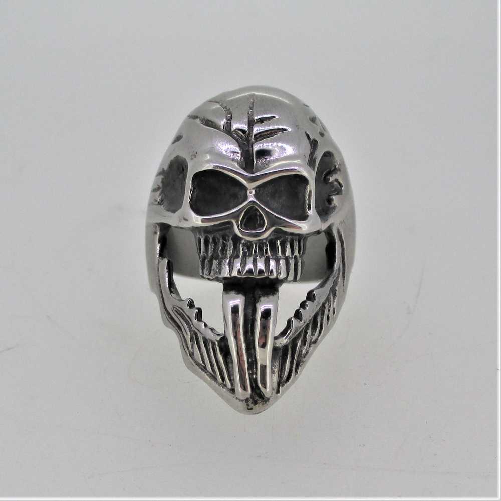 Silver Tone Open Second Jaw Skull Biker Mens Ring Siz… - Gem