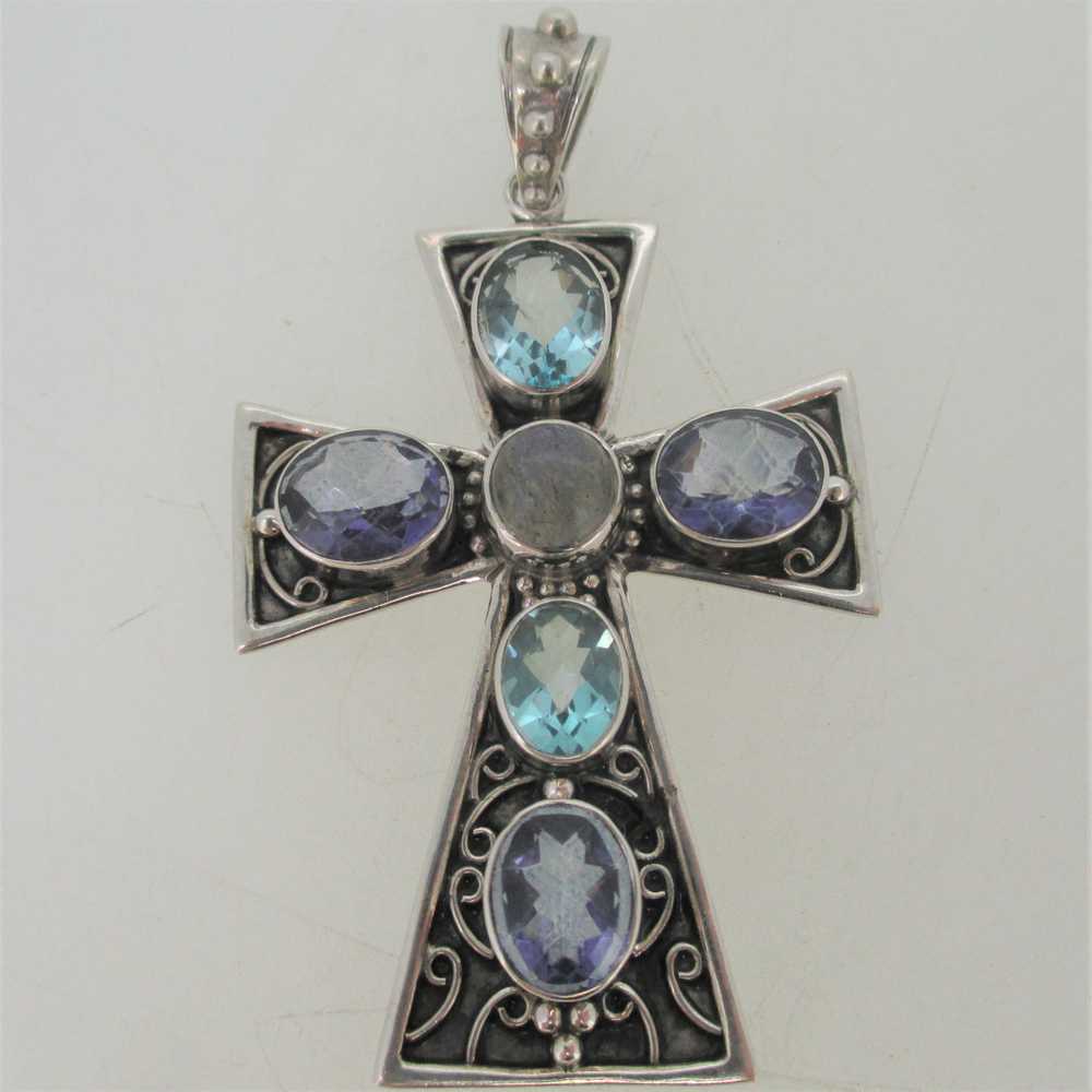 Sterling Silver Cross Pendent with Topaz, Moonsto… - image 1