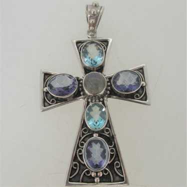 Sterling Silver Cross Pendent with Topaz, Moonsto… - image 1