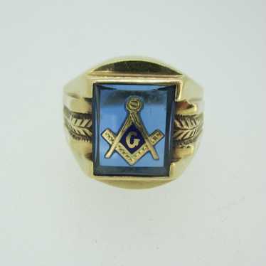 10k Yellow Gold Blue Glass Masonic Ring Size 7 - image 1