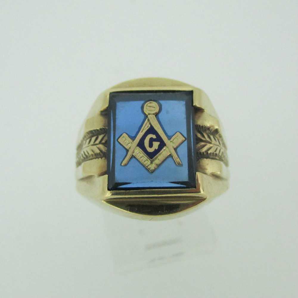 10k Yellow Gold Blue Glass Masonic Ring Size 7 - image 6