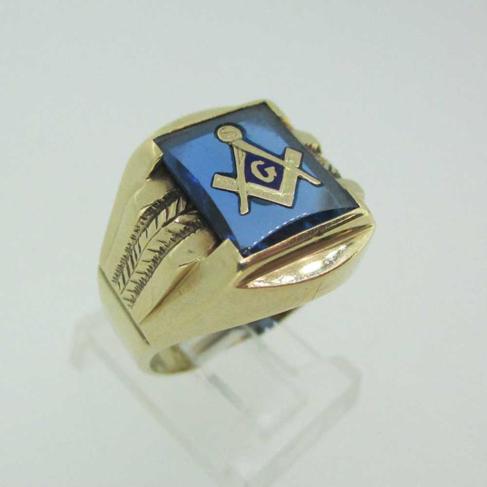 10k Yellow Gold Blue Glass Masonic Ring Size 7 - image 8