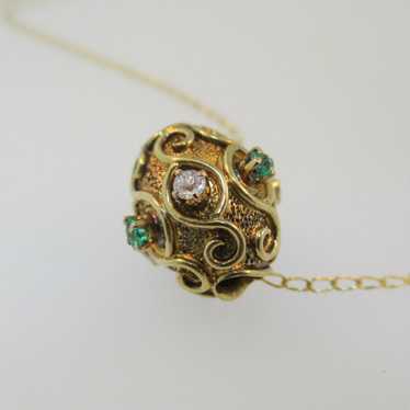 14k Yellow Gold Diamond and Emerald Bead Necklace… - image 1