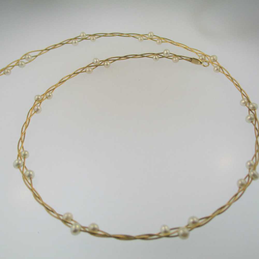 14k Yellow Gold Twisting Necklace Choker with Whi… - image 1