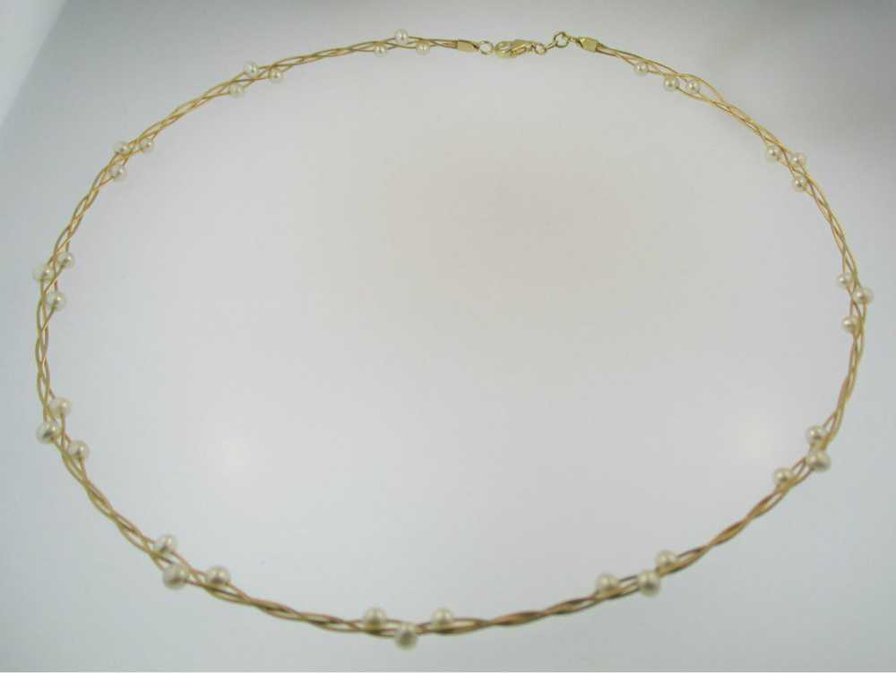 14k Yellow Gold Twisting Necklace Choker with Whi… - image 3