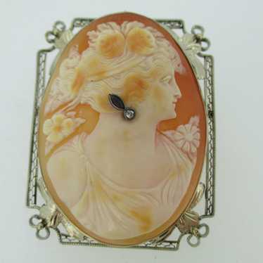 Victorian 14k White Gold Conch Shell Cameo with F… - image 1