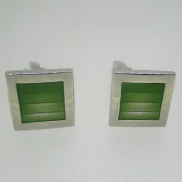 Silver Tone Green Square Cufflinks - image 1