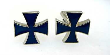 Silver Tone Metal Cross with Blue Enamel Cufflinks - image 1