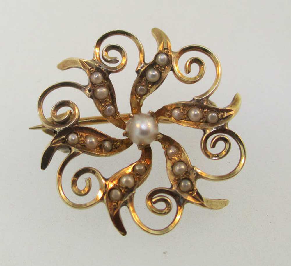 10k Yellow Gold Seed Pearl Brooch - image 5