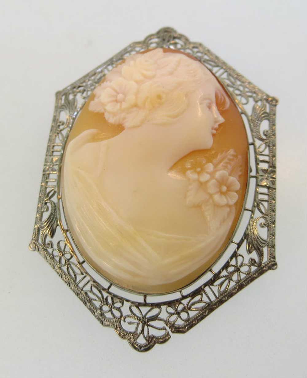 10k White Gold Conch Shell Cameo Brooch or Pendan… - image 1