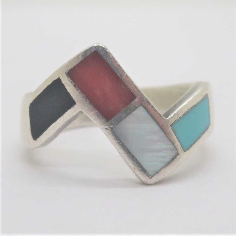 Sterling Silver dP Signed Multi Stone Inlay Zigza… - image 1