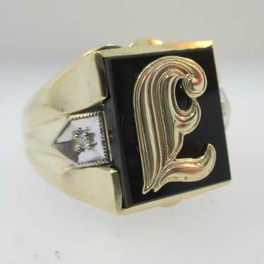 10k Yellow Gold Black Onyx Ring E Signet Size 9 3… - image 1