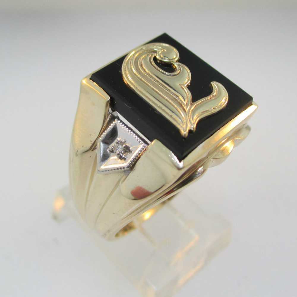 10k Yellow Gold Black Onyx Ring E Signet Size 9 3… - image 2