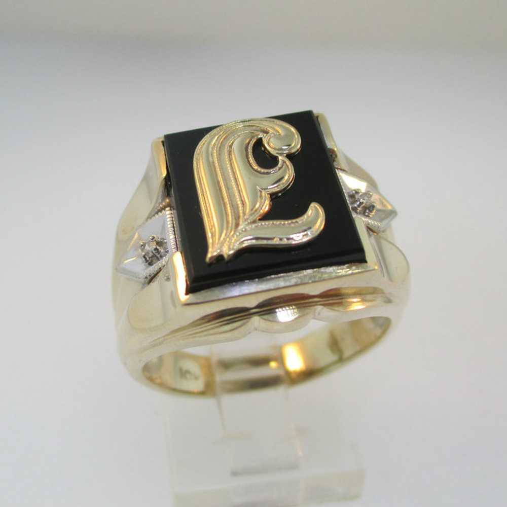 10k Yellow Gold Black Onyx Ring E Signet Size 9 3… - image 3