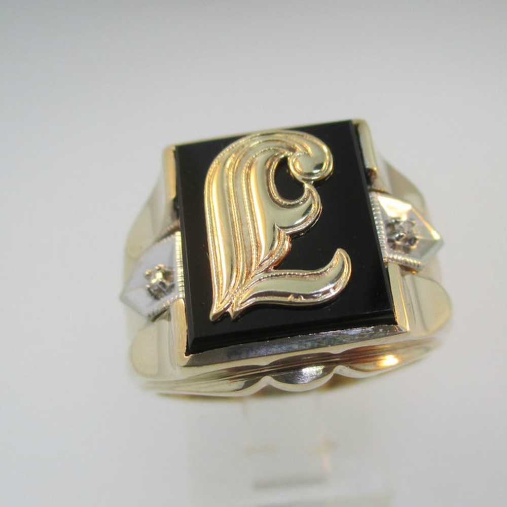 10k Yellow Gold Black Onyx Ring E Signet Size 9 3… - image 4