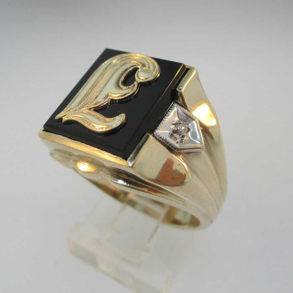 10k Yellow Gold Black Onyx Ring E Signet Size 9 3… - image 5