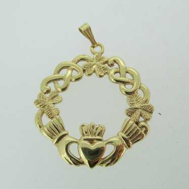 14k Yellow Gold Claddagh Celtic Knot Round Pendant - image 1