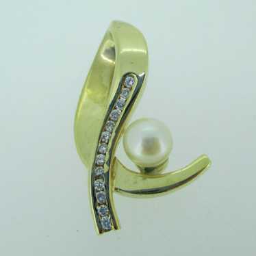 14k Yellow Gold Diamond and Pearl Omega Pendant S… - image 1