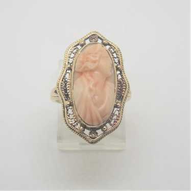 Antique 14k Y Gold Angel Skin Pink Coral Oblong C… - image 1