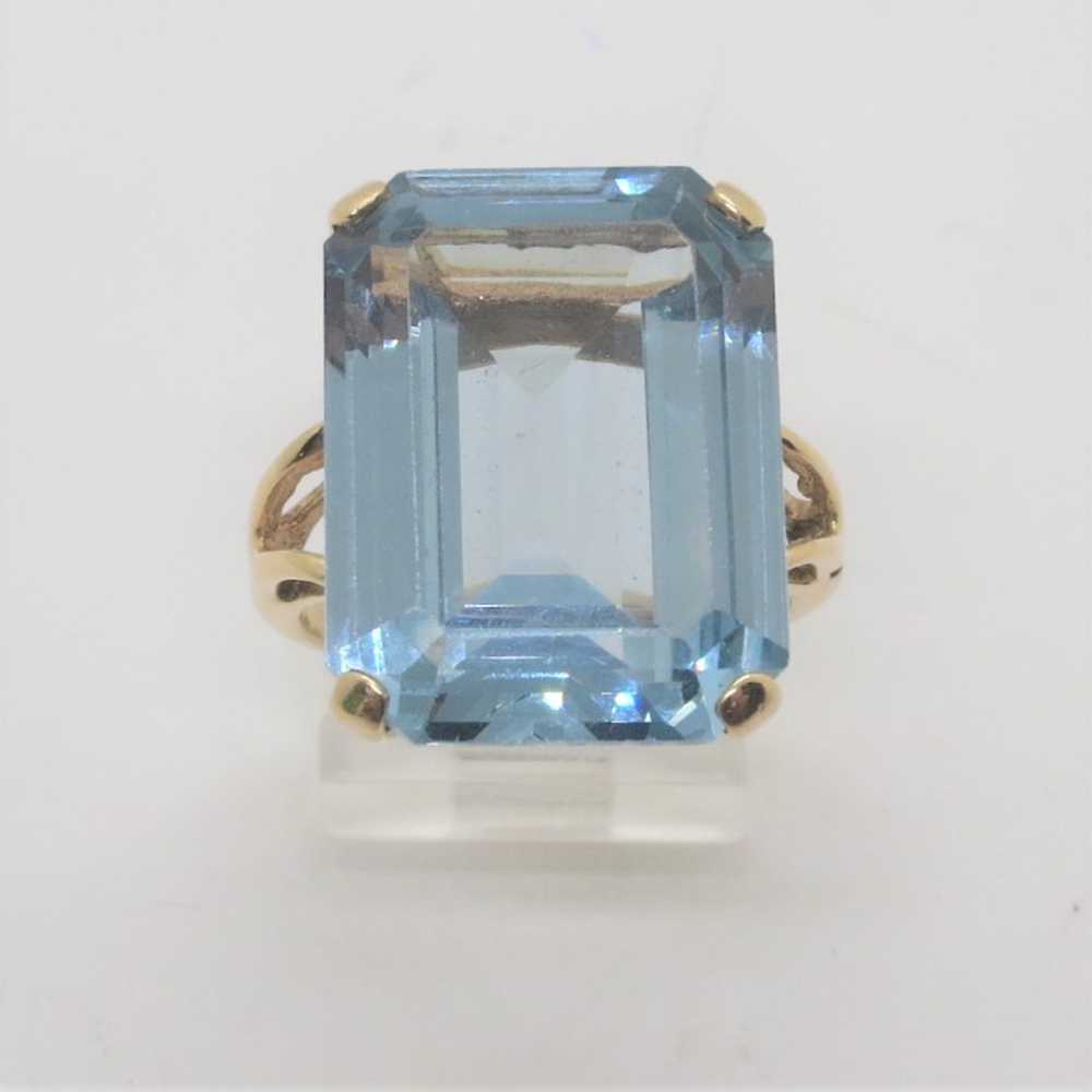 14k Yellow Gold Large Emerald Cut Blue Topaz Cock… - image 1