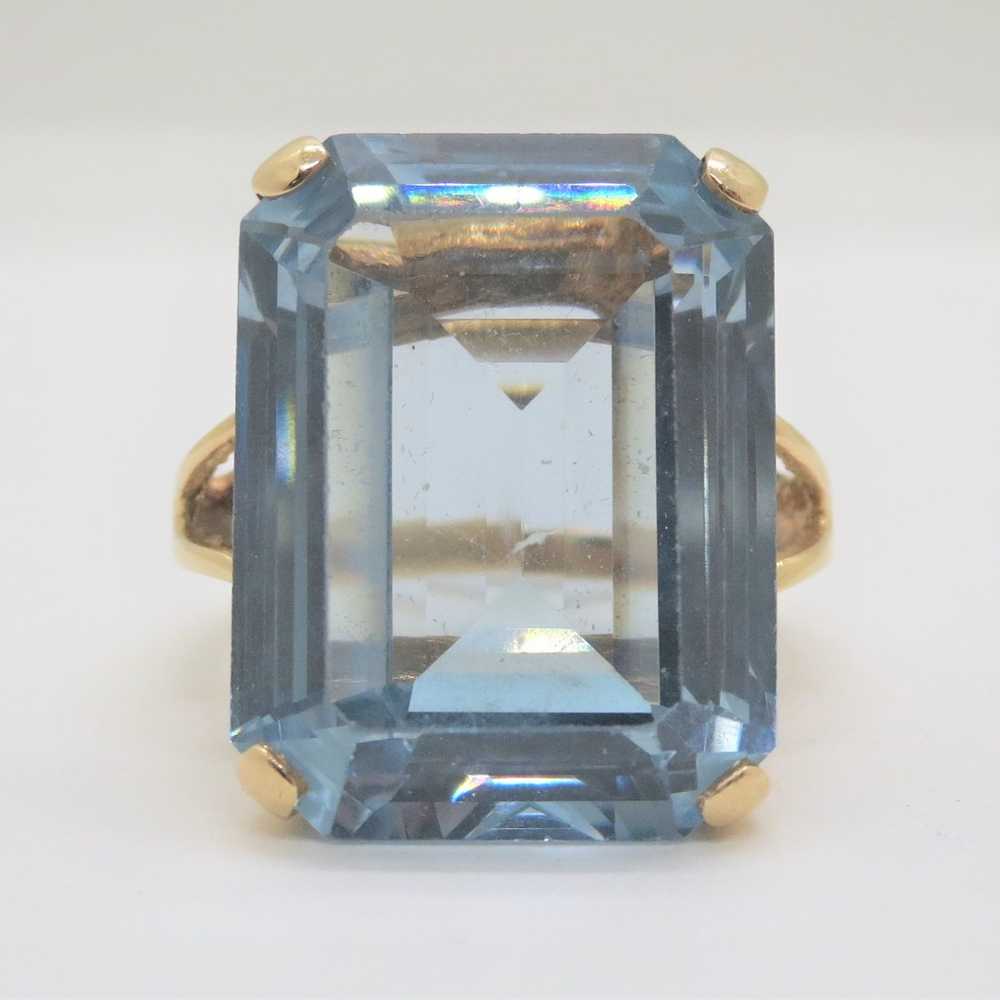 14k Yellow Gold Large Emerald Cut Blue Topaz Cock… - image 4