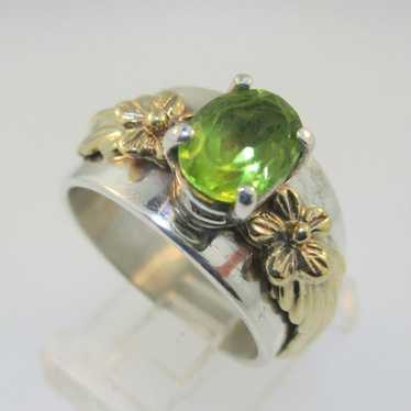 Sterling Silver and 14K Leaf Flower Peridot Ring … - image 1