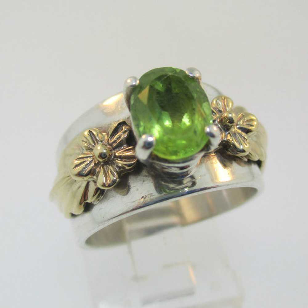 Sterling Silver and 14K Leaf Flower Peridot Ring … - image 2