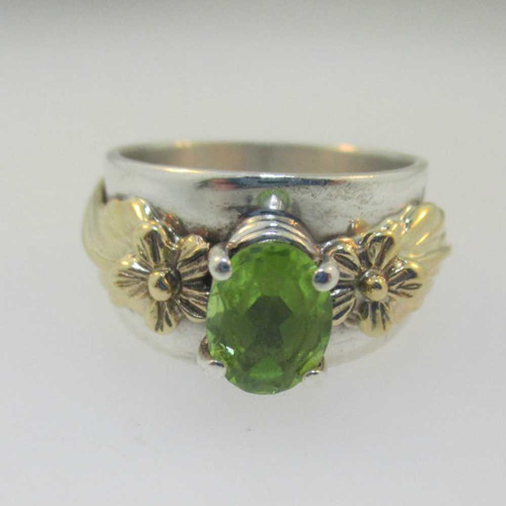 Sterling Silver and 14K Leaf Flower Peridot Ring … - image 3