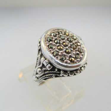 Sterling Silver Marcasite Pill Box Ring or Poison… - image 1