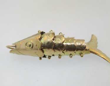 14k Yellow Gold 3D Vintage Fishing Rod W/ Chain & Jade Fish Brooch movable  Parts 