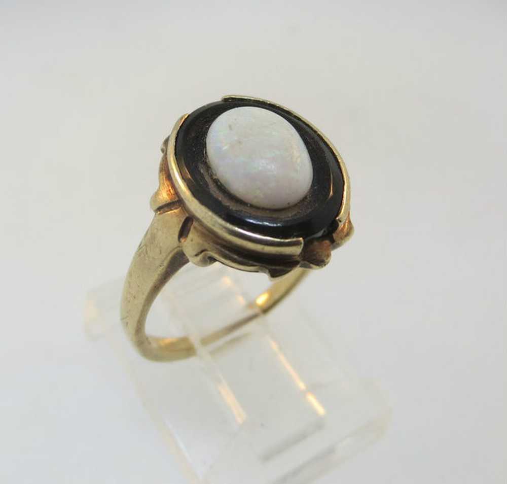 10k Yellow Gold Black Onyx Ring with Opal Center … - image 1