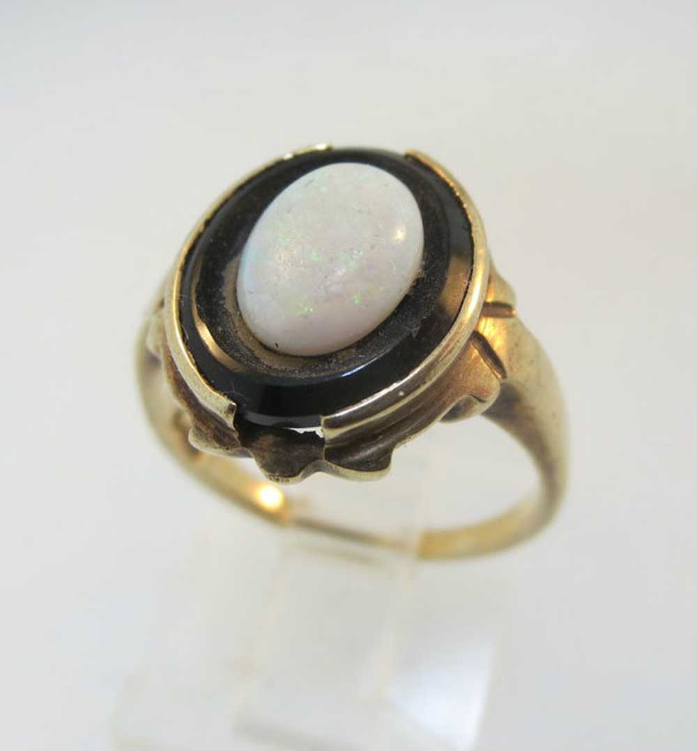 10k Yellow Gold Black Onyx Ring with Opal Center … - image 3