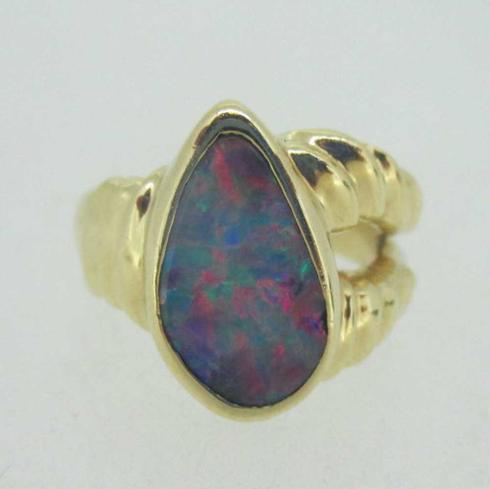 14K Yellow Gold Black Opal Ring Size 5.5 - image 2