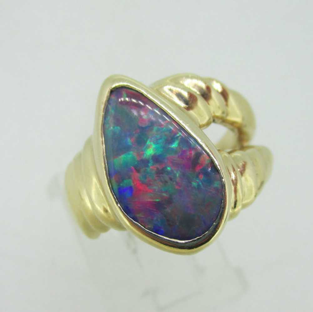 14K Yellow Gold Black Opal Ring Size 5.5 - image 3