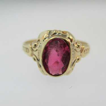 10k Yellow Gold Synthetic Ruby Ring Size 4 - image 1