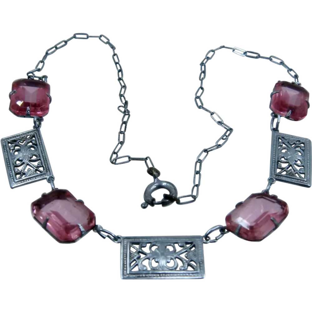 Art Deco Filigree Pink Glass Necklace 16" - image 1