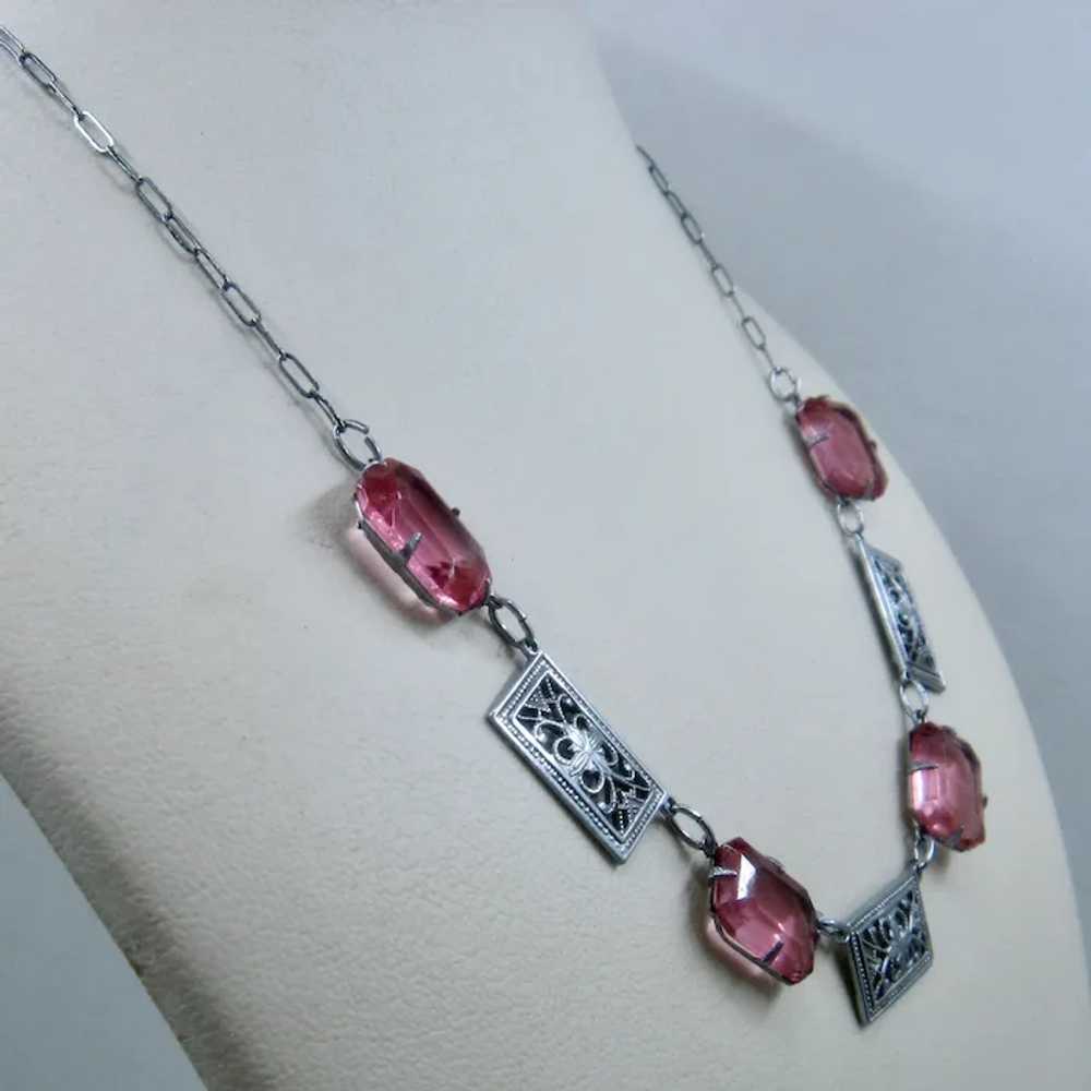 Art Deco Filigree Pink Glass Necklace 16" - image 2