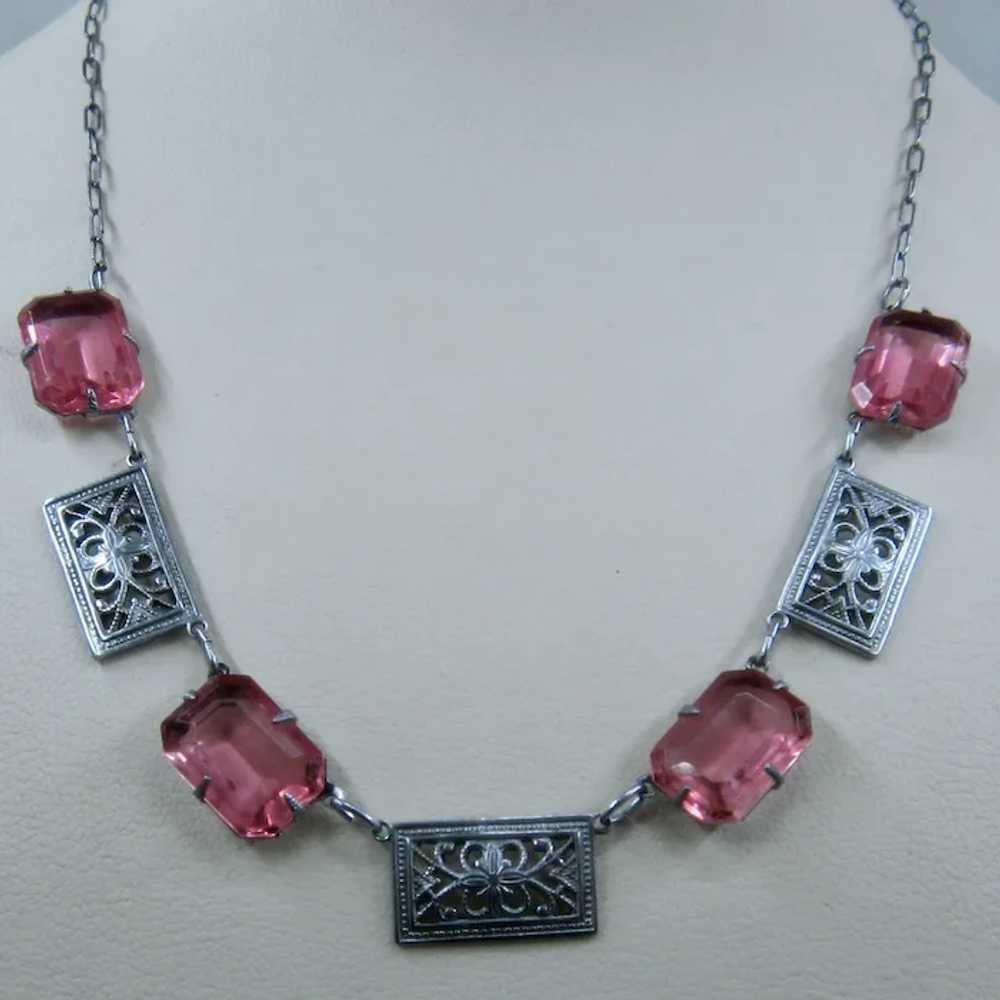 Art Deco Filigree Pink Glass Necklace 16" - image 3