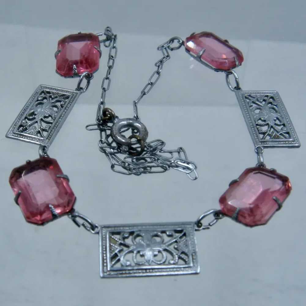 Art Deco Filigree Pink Glass Necklace 16" - image 4