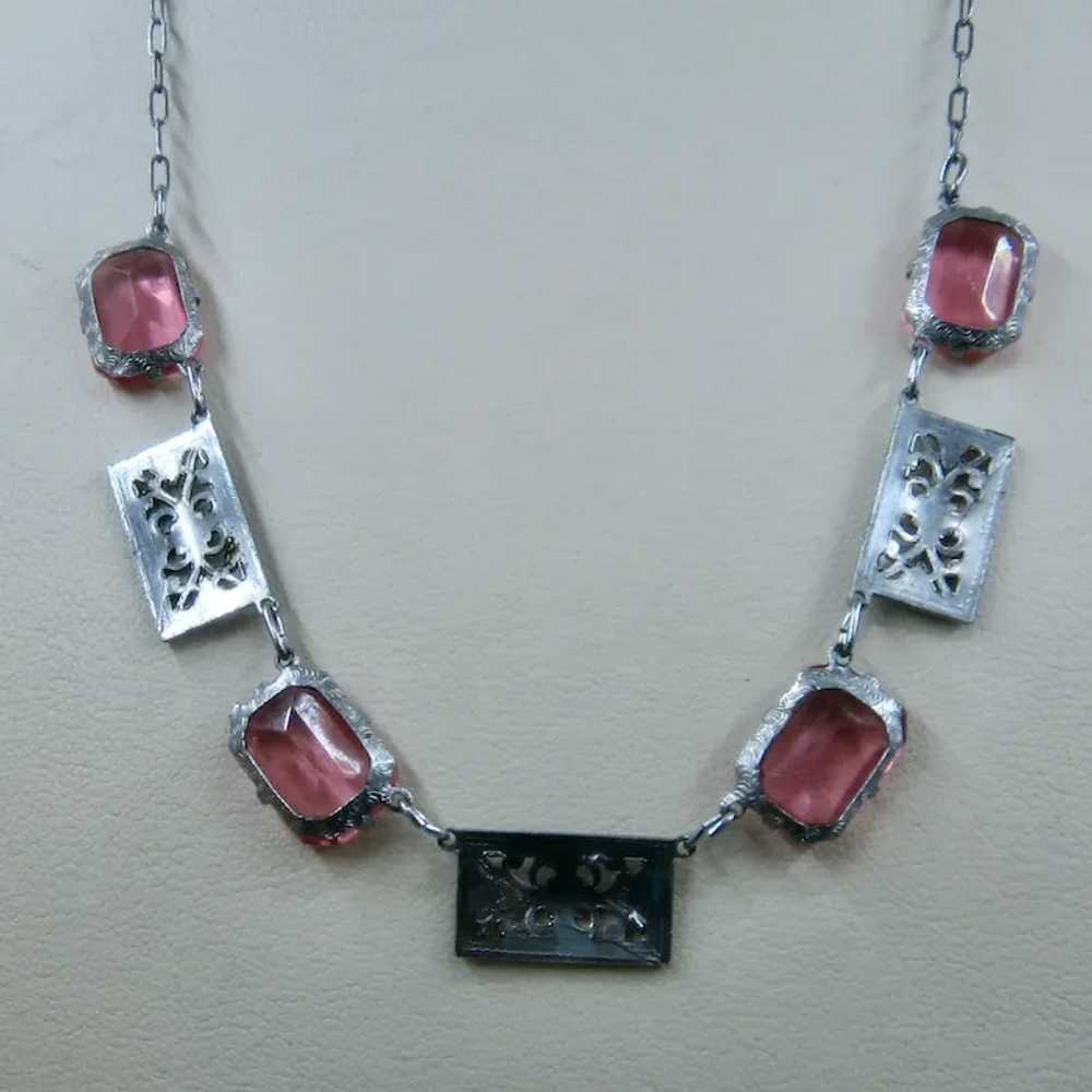 Art Deco Filigree Pink Glass Necklace 16" - image 5