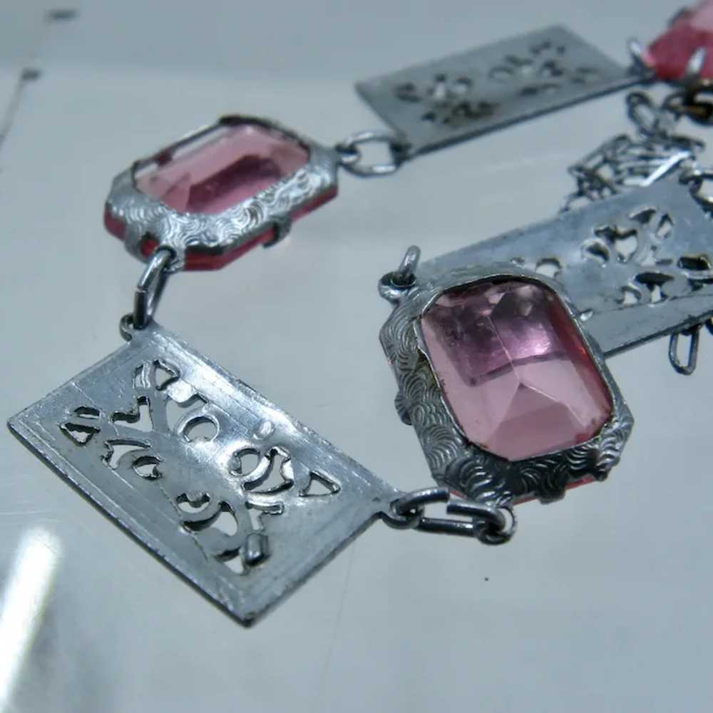 Art Deco Filigree Pink Glass Necklace 16" - image 7