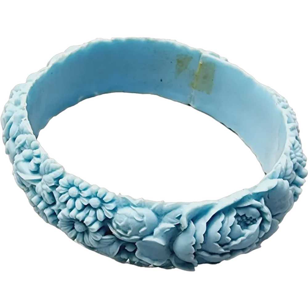 Vintage Blue Floral Celluloid Carved Bangle [A158… - image 1