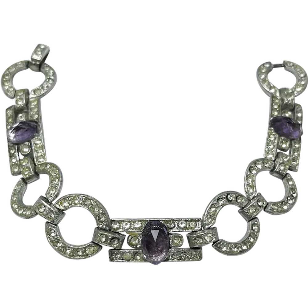 Art Deco Purple Glass Rhinestone Estate Bracelet - image 1